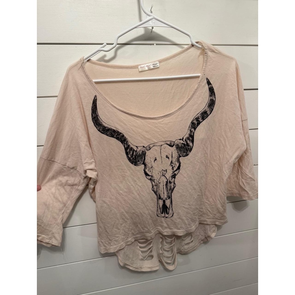 AGACI‎ Womens 3/4 Sleeve Light Pink Peach Bull Skull Distressed Top